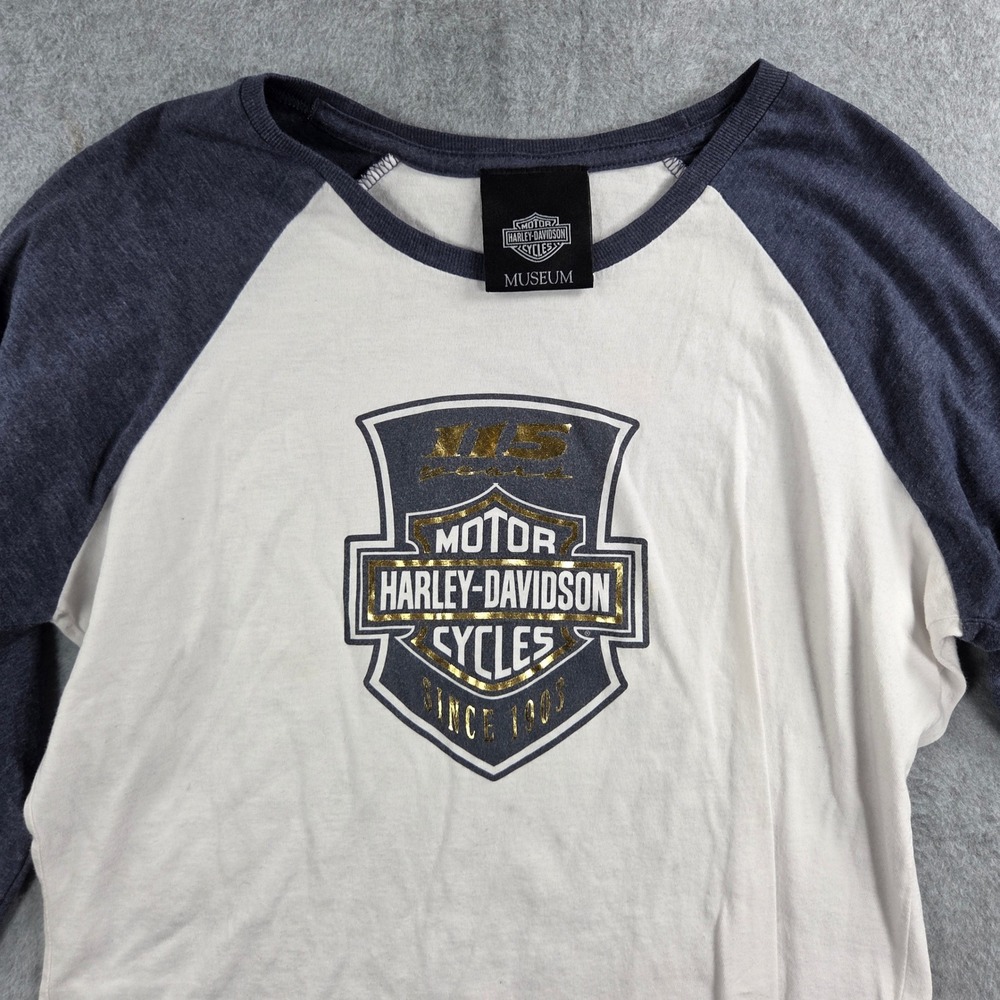 Harley-Davidson Museum Raglan Shirt Women XL White Navy 115th Anniversary Tee